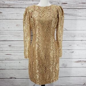 Vintage Ambria Women's Gold Lace Puff Sleeve V-Open Back Dress Size 14